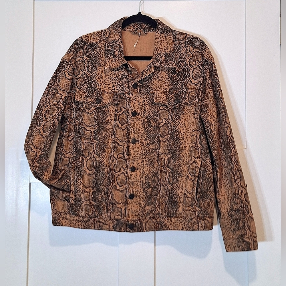 Free People Snakeskin Denim Trucker Jacket Button Up Cotton Brown Black Medium